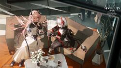 1boy 3girls arknights black_gloves black_jacket black_pantyhose black_skirt couch dress fingerless_gloves gloves grey_hair highres holding holding_photo jacket long_hair long_sleeves looking_at_another multiple_girls official_art on_couch open_clothes open_jacket open_mouth pantyhose photo_(object) pink_hair red_hair shadow short_hair short_sleeves sitting skirt smile theresa_(arknights) w_(arknights) white_dress