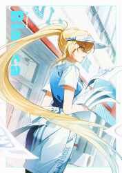 alternate_costume amiao apron artist_name back_bow bianca_(pgr) billboard blonde_hair blue_shirt border bow character_name chinese_commentary collared_shirt commentary condenser_unit cowboy_shot flyer from_behind green_eyes grey_border high_ponytail holding_flyer lawson long_hair looking_at_viewer looking_back outdoors outside_border ponytail profile punishing:_gray_raven security_camera shirt shop sweat uniform very_long_hair visor_cap waist_apron window