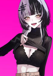 1girl absurdres belt black_bra black_hair black_shirt blush bra breasts brown_belt clothes_lift commentary fangs hair_ornament highres hololive hololive_english large_breasts lifting_own_clothes long_hair long_sleeves multicolored_hair open_mouth pale_skin pink_background shiori_novella shirt shirt_lift simple_background solo split-color_hair striped_clothes striped_shirt teeth tongue two-tone_hair u-stadt underwear virtual_youtuber white_hair yellow_eyes