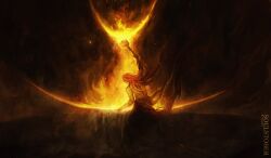 1boy artist_name commentary cracked_skin elden_ring english_commentary floating_hair hammer highres holding holding_hammer long_hair male_focus radagon_of_the_golden_order red_hair solo standing temmaru1 topless_male
