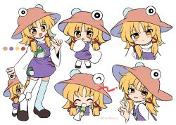 2girls :d ^_^ animal_print black_shoes blush blush_stickers brown_hat chibi closed_eyes color_guide commentary_request cropped_torso dango dual_persona eating food frog_print full_body hair_ribbon hat highres holding holding_food hugging_another&#039;s_leg long_hair long_sleeves looking_at_viewer moriya_suwako multiple_girls multiple_views open_mouth purple_skirt purple_vest ramudia_(lamyun) red_ribbon ribbon shirt shoes simple_background skirt smile thighhighs touhou tress_ribbon vest wagashi white_background white_shirt white_thighhighs wide_sleeves yellow_eyes zettai_ryouiki