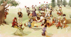 animal anniversary archer_(fft) armor bald bandaid bare_shoulders black_mage black_mage_(fft) black_mage_(final_fantasy) blonde_hair boots broken_heart brown_hair character_request chemist_(fft) closed_eyes dancer_(fft) delita_heiral dragoon_(fft) dress everyone final_fantasy final_fantasy_tactics geomancer_(fft) gloves grass hat heart japanese_armor knight knight_(fft) long_sleeves mime_(fft) monk_(fft) mos multiple_boys multiple_girls ninja_(fft) orator_(fft) outdoors peeking_out pig plant ramza_beoulve red_hair samurai_(fft) short_hair spoken_squiggle squiggle squire_(fft) summoner_(fft) sword tabard time_mage time_mage_(fft) wand weapon white_mage white_mage_(fft) white_mage_(final_fantasy) witch_hat
