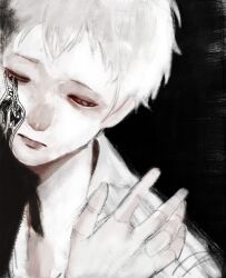 Rule 34 | 1boy, albino, black background, colored skin, crying, hand up, highres, hikaru (hikaru ga shinda natsu), hikaru ga shinda natsu, jyuzhi92, male focus, red eyes, sad, solo, white hair, white skin