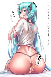 1boy 1girl aqua_eyes aqua_hair aqua_nails ass back between_buttocks black_panties blonde_hair bound bound_wrists closed_mouth crying crying_with_eyes_open g-string green_nails hatsune_miku highleg highleg_panties highres huge_ass kagamine_len living_clothes long_hair looking_back mini_person miniboy nail_polish panties shirt short_sleeves sitting sitting_on_person size_difference skindentation string_panties t-back tears thong tied_shirt tied_up translation_request twintails underwear very_long_hair vocaloid white_background white_shirt wide_hips wokada