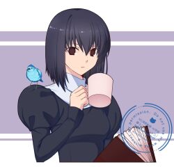 1girl bird black_dress black_eyes black_hair blue_bird book breasts cup dress hirakawa holding holding_book holding_cup kuonji_alice mahou_tsukai_no_yoru medium_breasts medium_hair simple_background solo_focus upper_body watermark