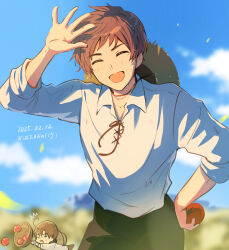 Rule 34 | 2boys, ^^^, ahoge, axis powers hetalia, basket, black pants, blue sky, blurry, blurry background, brown hair, brown hat, brown pants, chibi, closed eyes, cloud, cloudy sky, collarbone, collared shirt, day, falling, food, hair between eyes, hand on own hip, hand up, hat, hat on back, highres, holding, holding basket, holding food, holding vegetable, long sleeves, male focus, multiple boys, neck ribbon, open mouth, outdoors, pants, puffy long sleeves, puffy sleeves, red ribbon, ribbon, shirt, short hair, sky, smile, solo focus, southern italy (hetalia), spain (hetalia), tan, tomato, vegetable, white shirt, yukinununu