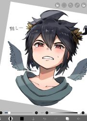 Rule 34 | 1boy, ahoge, art tools in frame, artist name, black hair, clenched teeth, collarbone, dark pit, feathered wings, grey scarf, grey wings, hair between eyes, highres, ibispaint (medium), kid icarus, kid icarus uprising, laurel crown, male focus, nintendo, portrait, scarf, screencap, sidelocks, small sweatdrop, solo, spiked hair, teeth, twitter username, waffuum, white background, wings