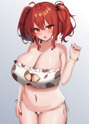 1girl absurdres animal_print bikini blush bracelet breasts cleavage cleavage_cutout clothing_cutout commentary cow_print cow_print_bikini fingernails gradient_background grey_background hair_bobbles hair_ornament highres huge_breasts jewelry long_fingernails looking_at_viewer navel ody_kishi onozuka_komachi print_bikini red_eyes red_hair red_nails solo swimsuit touhou two_side_up