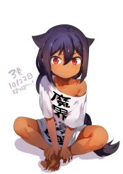 Rule 34 | &gt;:3, 1girl, absurdres, barefoot, black hair, bottomless, braid, clothes writing, dark-skinned female, dark skin, feet, female focus, full body, hair flaps, hands on feet, highres, indian style, jahy, jahy-sama wa kujikenai!, konbu wakame, long hair, looking at viewer, naked shirt, off shoulder, oversized clothes, red eyes, shirt, short sleeves, simple background, single braid, sitting, solo, t-shirt, very long hair, white background, white shirt
