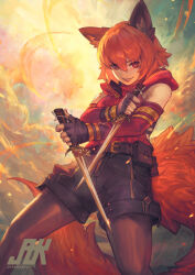 1girl absurdres animal_ears black_gloves black_pantyhose commission detached_sleeves dual_wielding final_fantasy final_fantasy_xiv fingerless_gloves gloves highres holding looking_at_viewer miqo&#039;te ninja_(final_fantasy) orange_hair pantyhose pantyhose_under_shorts parted_lips red_eyes short_hair shorts slit_pupils solo tail thatjaykart warrior_of_light_(ff14)