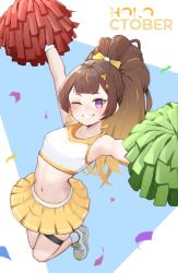 Rule 34 | 1girl, anya melfissa, blonde hair, brown hair, cheering, cheerleader, highres, holding, holding pom poms, hololive, hololive indonesia, long hair, midriff, multicolored hair, nineroine, one eye closed, pom pom (cheerleading), pom poms, ponytail, purple eyes, smile, streaked hair, virtual youtuber