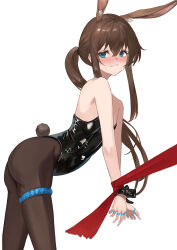 1girl absurdres alternate_costume amiya_(arknights) animal_ears arknights ass bare_shoulders black_leotard blue_eyes bound brown_hair brown_pantyhose brown_tail closed_mouth commentary cowboy_shot embarrassed from_side hair_between_eyes highres jewelry leotard long_hair looking_at_viewer multiple_rings pantyhose playboy_bunny ponytail rabbit_tail remapack77 ring simple_background solo standing tail thighlet tied_up_(nonsexual) wavy_mouth white_background