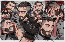 :q abstract_background anger_vein atomic_heart beard blood blood_on_face blue_eyes brown_hair clenched_teeth facial_hair finger_to_mouth fingerless_gloves frown fukurau gloves grey_jacket highres injury jacket laughing light_smile looking_to_the_side male_focus multiple_views one_eye_closed p-3_(atomic_heart) shushing sweater teeth thick_eyebrows tongue tongue_out turtleneck turtleneck_sweater undercut