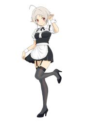 1girl ahoge alternate_costume apron black_dress black_shoes black_thighhighs closed_mouth collared_dress commentary dress elf enmaided frilled_apron frills full_body garter_straps hand_up highres maid maid_apron mushoku_tensei pointy_ears red_eyes rora_(user_vgpk4444) shoes short_dress short_hair short_sleeves simple_background skirt_hold solo standing standing_on_one_leg sylphiette_(mushoku_tensei) thighhighs waist_apron white_apron white_background white_hair white_wrist_cuffs wrist_cuffs zettai_ryouiki