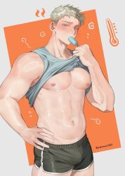 1boy absurdres alternate_costume blonde_hair blush bulge clothes_lift collarbone commentary cowboy dungeon_meshi food food_in_mouth hand_on_own_hip highres hot laios_touden lifting_own_clothes looking_at_viewer male_focus melting_popsicle mouth_hold navel nipples plump popsicle popsicle_in_mouth shiny_skin shirt_lift short_hair short_shorts shorts simple_background snowsalmon0x0 solo tank_top twitter_username western