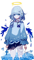 1girl artist_name bandaged_neck bandages blue_eyes blue_hair blue_shirt character_request copyright_request cowboy_shot crying crying_with_eyes_open halo highres long_hair long_sleeves sheya shirt signature simple_background solo standing tears white_background