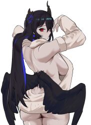 Rule 34 | 1girl, absurdres, ass, asymmetrical horns, backless dress, backless outfit, black hair, black wings, blue hair, breasts, commentary, cowboy shot, detached sleeves, dress, from behind, hair between eyes, highres, hololive, hololive english, horns, koizumi arata, large breasts, long hair, looking at viewer, looking back, meme attire, multicolored hair, nerissa ravencroft, red eyes, shiny skin, sideboob, simple background, solo, sweater, sweater dress, two-tone hair, very long hair, virgin killer sweater, virtual youtuber, white background, wings