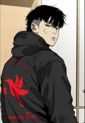 1boy black_hair black_sweater closed_mouth grey_eyes jo_ja-hyun long_hair looking_at_viewer looking_back mullet serious solo sweat sweater wind_breaker