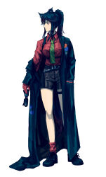 1010kman 1girl animal_ear_fluff animal_ear_piercing animal_ears arknights black_coat black_hair black_shorts buttons closed_mouth coat collared_shirt diagonal-striped_clothes diagonal-striped_necktie dress_shirt gloves green_necktie hair_between_eyes hand_in_pocket highres holding holding_removed_eyewear looking_to_the_side necktie off_shoulder official_alternate_costume orange_eyes red_gloves red_shirt red_socks shirt short_hair shorts simple_background socks solo standing striped_clothes striped_shorts sunglasses tail texas_(arknights) texas_(willpower)_(arknights) thigh_strap unworn_eyewear vertical-striped_clothes vertical-striped_shorts white_background wolf_ears wolf_girl