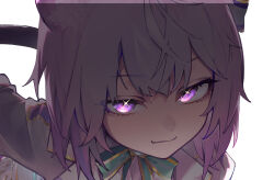 Rule 34 | 1girl, cat girl, cat tail, eyelashes, highres, hololive, looking at viewer, nekomata okayu, portrait, purple eyes, purple hair, sauce darusungi, shirt, short hair, simple background, solo, tail, thumbnail collage, virtual youtuber, white background, white shirt