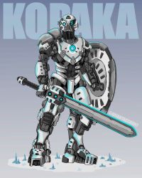 ariartaccount arm_shield bionicle blue_eyes character_name commentary english_commentary glowing highres holding holding_sword holding_weapon humanoid_robot kopaka_(bionicle) looking_at_viewer redesign robot science_fiction snow standing sword the_lego_group twitter_username weapon