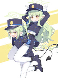 2girls :d absurdres belt black_belt black_boots black_hat black_jacket black_skirt blue_archive blush boots carrying commentary demon_tail earrings fang gloves green_hair green_halo halo hat highres hikari_(blue_archive) jacket jewelry long_hair long_sleeves looking_at_viewer melozr multiple_girls nozomi_(blue_archive) open_mouth outline pantyhose peaked_cap piggyback pointy_ears rabbit_pose shirt siblings sisters skin_fang skirt smile tail twintails two-tone_background white_background white_gloves white_outline white_pantyhose white_shirt yellow_background yellow_eyes