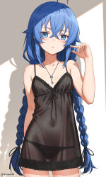 1girl babydoll bare_shoulders black_babydoll black_panties blue_eyes blue_hair blush braid breasts covered_navel dhokidoki frilled_babydoll hair_between_eyes highres jewelry key key_necklace lingerie loli long_hair looking_at_viewer mushoku_tensei navel necklace panties roxy_migurdia see-through_clothes small_breasts solo twin_braids underwear
