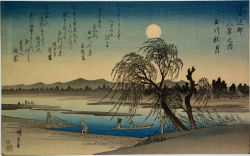 4boys absurdres ando_hiroshige artist_name commentary fine_art_parody fisherman fishing highres house hut japanese_clothes japanese_text lake landscape multiple_boys nihonga original outdoors parody reeds scan sky sun tamagawa_no_shugetsu traditional_media translation_request tree ukiyo-e water willow