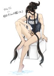 Rule 34 | 1girl, alternate costume, alternate hairstyle, bare shoulders, barefoot, brown hair, collarbone, danganronpa (series), danganronpa 2: goodbye despair, donut, food, genderswap, genderswap (mtf), gumame1313, highres, holding, holding donut, holding food, kamukura izuru, knee up, long hair, school swimsuit, soaking feet, solo, swimsuit, translation request, water