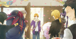 2girls 4boys artoria_pendragon_(fate) assassin_(fate/zero) birthday bouquet confetti diarmuid_ua_duibhne_(fate) diarmuid_ua_duibhne_(lancer)_(fate) fate/zero fate_(series) female_assassin_(fate/zero) flower formal_clothes gilles_de_rais_(caster)_(fate) gilles_de_rais_(fate) hat multiple_boys multiple_girls pant_suit pants party_favor party_hat ponytail reverse_trap saber_(fate) scarf suit suzu_(nattu991) uryuu_ryuunosuke waver_velvet