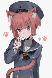 Rule 34 | 1girl, animal ears, aogisa, arrow (symbol), black dress, black hat, black neckerchief, black sailor collar, brown eyes, brown hair, cat ears, cat tail, clothes writing, curled fingers, dress, hat, highres, kantai collection, neckerchief, paw pose, paw print, sailor collar, sailor dress, sailor hat, short hair, simple background, solo, tail, translation request, upper body, white background, z3 max schultz (kancolle)