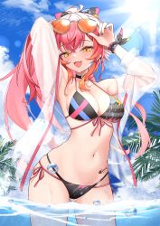 1girl :d adjusting_eyewear arm_behind_head armpits arms_up bikini black_bikini blue_sky breasts cleavage commentary_request cowboy_shot day eyewear_on_head fang front-tie_bikini_top front-tie_top gluteal_fold hair_between_eyes high_ponytail highres jacket long_hair looking_at_viewer medium_breasts multi-strapped_bikini_bottom multi-strapped_bikini_top navel nekota_tsuna open_mouth orange-tinted_eyewear outdoors paint_splatter partially_underwater_shot pink_hair ponytail see-through_clothes see-through_jacket side-tie_bikini_bottom sidelocks sky smile solo standing stomach string_bikini sunglasses swimsuit tinted_eyewear vspo! wading water white_jacket yellow_eyes z.m._(zimin)