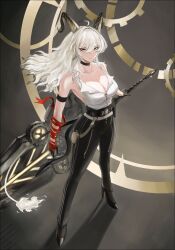 1girl absurdres arm_strap bare_shoulders black_choker black_gloves black_horns black_pants black_shoes breasts choker closed_mouth collarbone commentary curled_horns earrings gloves greatsword hair_between_eyes high-waist_pants high_heels highres holding holding_sword holding_weapon horns jewelry key_earrings large_breasts long_hair looking_at_viewer mole mole_under_eye necktie necktie_around_wrists pants red_eyes red_necktie shirt shirt_tucked_in shoes solo sword torn_clothes torn_shirt vanillanight weapon white_shirt wuthering_waves zani_(wuthering_waves)