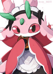 1girl antennae apron arthropod_girl artist_name black_bow black_dress black_eyes bow clothed_pokemon colored_sclera colored_skin donut dress eating female_focus flying_sweatdrops food food_bite furry furry_female game_freak gen_7_pokemon hands_up highres holding holding_donut holding_food looking_at_viewer lurantis maid_headdress multicolored_skin my_(my_6633) nervous nintendo no_mouth pink_skin pokemon pokemon_(creature) red_sclera simple_background solo standing twitter_username waist_apron watermark white_background white_skin