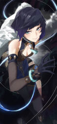 1girl absurdres asymmetrical_gloves bare_shoulders black_background black_hair blush bob_cut breasts cleavage closed_mouth diagonal_bangs dice elbow_gloves fur-trimmed_jacket fur_trim genshin_impact gloves gradient_hair green_eyes halterneck highres jacket jacket_on_shoulders jewelry kji_(rozo) looking_at_viewer medium_breasts mismatched_gloves mole mole_on_breast multicolored_hair neck_tassel necklace purple_hair simple_background single_elbow_glove smile solo tassel tassel_choker yelan_(genshin_impact)