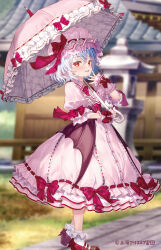 1girl bad_tag blue_hair bow child dress dress_bow fujima_takuya full_body grey_hair hand_up holding holding_umbrella looking_at_viewer mary_janes official_art open_mouth pink_dress red_bow red_eyes red_shoes remilia_scarlet shoes short_hair short_sleeves smile socks solo standing touhou umbrella vampire white_socks wings