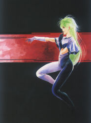 Rule 34 | 1980s (style), 1girl, bodysuit, cable, gloves, green hair, highres, megazone 23, microphone, mikimoto haruhiko, music, official art, oldschool, painting (medium), production art, promotional art, reaching, reaching towards another, retro artstyle, scan, singing, tokimatsuri eve, traditional media