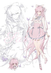 1girl absurdly_long_hair absurdres ahoge angel_wings blue_bow blue_bowtie bored bow bow_skirt bowtie bug butterfly chibi chinese_commentary closed_mouth commentary_request commission covering_own_mouth cropped_legs feathered_wings flower frilled_shirt frilled_skirt frilled_sleeves frills full_body hair_bow hair_flower hair_ornament hand_on_own_chest head_tilt head_wings high-waist_skirt high_heels highres holding holding_own_hair insect kneehighs knees light_blush light_frown long_hair long_sleeves miniskirt multiple_views no.0_fish original parted_lips partially_colored petals pink_hair pink_shoes pink_skirt puffy_long_sleeves puffy_sleeves pumps purple_butterfly ribbon-trimmed_shirt ribbon_trim rose sample_watermark shirt shoes sidelocks simple_background single_wing skirt socks standing straight_hair very_long_hair watermark white_background white_bow white_flower white_rose white_shirt white_socks white_wings wings