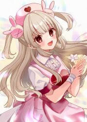 &gt;_&lt; 1girl :d apron bandaged_wrist bandages blurry blurry_background blush brown_hair center_frills collared_shirt commentary_request depth_of_field dress fang flower frills hair_ornament hat highres long_hair looking_at_viewer natori_sana natori_sana_(nurse) nurse nurse_cap open_mouth pink_apron pink_hat puffy_short_sleeves puffy_sleeves rabbit_hair_ornament red_eyes rino_cnc sana_channel shirt short_sleeves smile solo two_side_up very_long_hair virtual_youtuber white_dress white_flower
