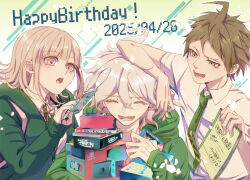 1girl 2boys :d :o absurdres aoi_rei_to blush book brown_hair danganronpa_(series) danganronpa_2:_goodbye_despair dated green_jacket grey_hair hand_up happy_birthday highres hinata_hajime holding holding_book jacket komaeda_nagito long_sleeves medium_hair messy_hair multiple_boys nanami_chiaki neck_ribbon open_mouth pink_eyes pink_ribbon ribbon smile teeth translation_request upper_teeth_only