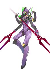 azu_(yu_de_ta_ya_tu) bident dual_wielding eva_13 evangelion_(mecha) extra_arms extra_eyes full_body highres holding holding_polearm holding_weapon horns lance lance_of_longinus_(evangelion) mecha neon_genesis_evangelion no_humans polearm rebuild_of_evangelion robot science_fiction single_horn solo twitter_username weapon white_background yellow_eyes