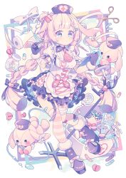 1girl apron bandaged_arm bandaged_leg bandages bandaid bandaid_on_knee bandaid_on_leg bandaid_on_thigh blue_eyes blunt_bangs blush boots bow braid clipboard closed_mouth commentary first_aid_kit frilled_skirt frills full_body fur-trimmed_boots fur-trimmed_gloves fur_trim gloves hat high_heel_boots high_heels highres holding holding_clipboard holding_syringe hyou_(pixiv3677917) jar long_hair looking_at_viewer necktie nurse nurse_cap original pill_hair_ornament pink_hair purple_boots purple_gloves purple_hat purple_skirt rabbit red_bow red_necktie red_thighhighs ribbon scissors shirt skirt solo standing striped_clothes striped_thighhighs syringe tears thighhighs twin_braids waist_bow white_apron white_ribbon white_shirt