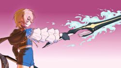 1girl black_shorts blonde_hair hair_ornament hair_over_one_eye hairclip heaven_burns_red highres jsasay kayamori_ruka multiple_girls red_eyes short_hair shorts solo sword weapon