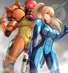 &gt;:) 1girl abs absurdres blonde_hair blue_bodysuit bodysuit breasts closed_mouth commentary_request covered_navel feet_out_of_frame gluteal_fold gonzarez green_eyes gun highres holding holding_gun holding_weapon impossible_bodysuit impossible_clothes large_breasts long_hair metroid metroid:_samus_returns metroid_prime metroid_prime_1 nintendo ponytail power_suit power_suit_(metroid) samus_aran sidelocks skin_tight smile solo standing thumbs_up toned toned_female v-shaped_eyebrows varia_suit weapon zero_suit