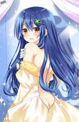 1girl absurdres artist_name ass bare_back bare_shoulders blue_hair brown_eyes butt_crack commentary_request cowboy_shot curly_hair curtains date_a_live dress forehead from_behind fur_trim gloves hair_between_eyes hair_ornament highres indoors itsuka_shiori lewdkuma long_hair looking_at_viewer looking_back no_bra no_panties off_shoulder open_mouth shadow solo sparkle sweatdrop white_gloves x_hair_ornament yellow_dress