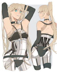1girl absurdres bare_shoulders black_bra black_choker black_gloves black_thighhighs blonde_hair blue_eyes blunt_bangs bra chain choker closed_eyes ecomoesty elbow_gloves gloves gold_chain highres long_hair looking_at_viewer mechabare original thighhighs underwear