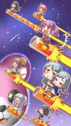 +_+ 6+girls :d =_= aqua_hair arm_warmers bang_dream! black_bow black_hair black_pants blue_dress blue_eyes blue_hair blue_jacket blue_shirt bow braid brown_hair chibi clothes_around_waist commentary_request cropped_jacket dress flower flying green_eyes grey_hoodie hair_bow hair_flower hair_ornament hands_up hat hikawa_hina hikawa_sayo hood hood_down hoodie jacket jacket_around_waist kyou_(fr39) long_hair low_twintails matsubara_kanon michelle_(bang_dream!) multiple_girls o_o okusawa_misaki one_side_up open_mouth outline pants pink_hair plaid_clothes plaid_shirt power-up purple_hair red_eyes riding rocket shirokane_rinko shirt shooting_star short_hair skirt sky smile smoke space sparkle star_(sky) starry_sky tears twin_braids twintails udagawa_ako uehara_himari v-shaped_eyebrows wavy_mouth white_outline yamato_maya