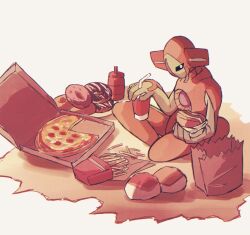 ashita_mo burger deoxys deoxys_(normal) donut expressionless food french_fries gen_3_pokemon highres holding holding_food legendary_pokemon looking_at_viewer looking_to_the_side mythical_pokemon nintendo no_humans no_mouth pokemon pokemon_(creature) simple_background solo