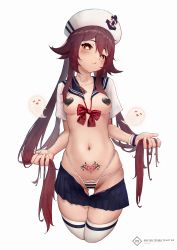 1girl blue_skirt blush bow bowtie breasts brown_hair chinese_commentary clothes_pull collarbone commentary_request cropped_legs english_text fingernails genshin_impact ghost gluteal_fold hat heart_pasties highres holding holding_own_hair hu_tao_(genshin_impact) l_ract long_hair looking_at_viewer medium_breasts navel panties pasties pleated_skirt pubic_tattoo red_bow red_bowtie red_eyes sailor_collar sailor_hat short_sleeves shrug_(clothing) skirt skirt_pull solo star-shaped_pupils star_(symbol) stomach striped_clothes striped_panties symbol-shaped_pupils tattoo thighhighs topless_female twintails underwear very_long_hair white_hat white_sailor_collar white_thighhighs wristband