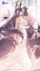 Rule 34 | 1girl, animal ear fluff, animal ears, ass, azur lane, backless dress, backless outfit, bouquet, bridal gauntlets, bridal veil, butt crack, commentary, dress, english commentary, floating hair, flower, fox ears, fox girl, fox tail, from behind, highres, holding, holding bouquet, kei (keiuu), long hair, looking at viewer, looking back, musashi (azur lane), musashi (purest wisteria) (azur lane), official alternate costume, official art, parted lips, pink flower, smile, solo, standing, tail, veil, very long hair, wedding dress, white bridal gauntlets, white dress